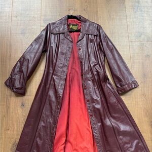 Frye Brown and Red Leather Trench Coat with Classic Collar